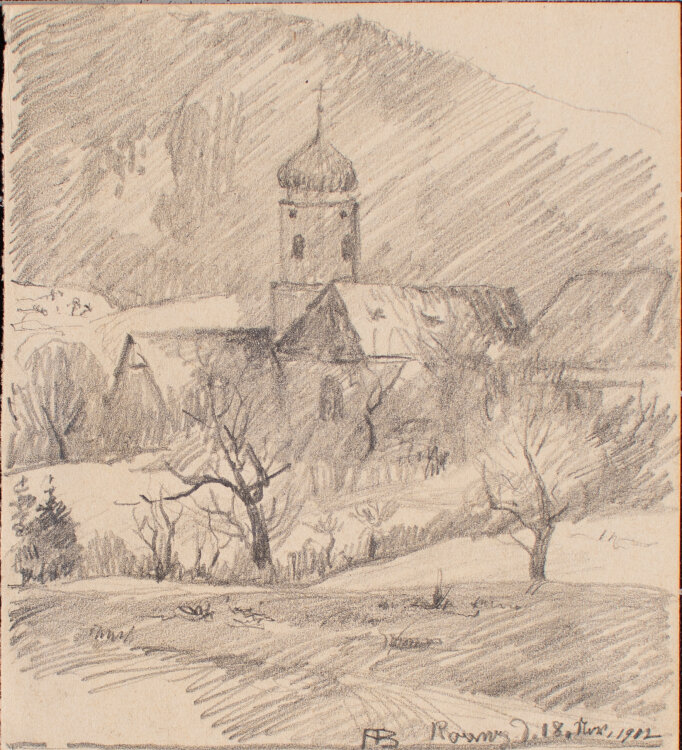 Anton Baur - Dorflandschaft mit Kirche - 1912 - Bleistift Zeichnung