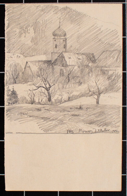 Anton Baur - Dorflandschaft mit Kirche - 1912 - Bleistift Zeichnung