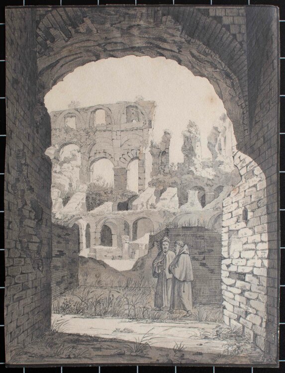 Unbekannt - Ruinenlandschaft mit Mönchen - 1826 - Bleistift