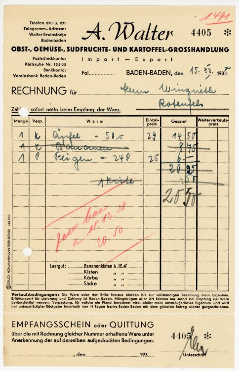 A.Walter Obst-, Gemüse-, Südfrüchte- und Kartoffel-Großhandlung. Import-Export  - Rechnung  - 15.12.1938