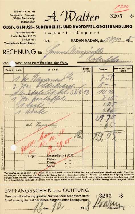 A.Walter Obst-, Gemüse-, Südfrüchte- und Kartoffel-Großhandlung. Import-Export  - Rechnung  - 13.10.1938