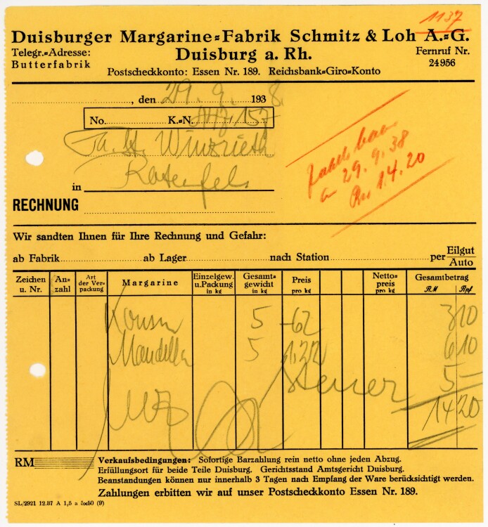 Duisburger Margarine-Fabrik Schmitz&Loh A.G.   - Rechnung  - 29.09.1938