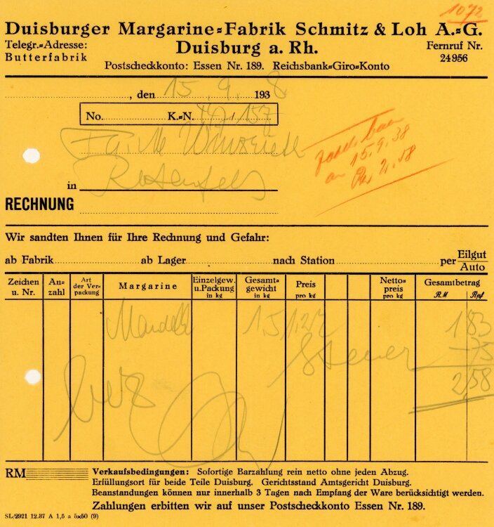 Duisburger Margarine-Fabrik Schmitz&Loh A.G.   - Rechnung  - 15.09.1938