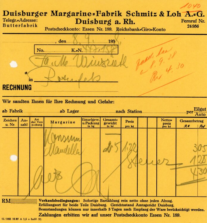 Duisburger Margarine-Fabrik Schmitz&Loh A.G.   - Rechnung - 08.09.1938