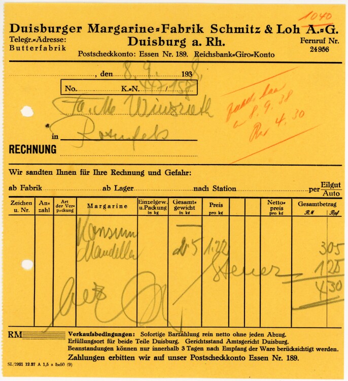 Duisburger Margarine-Fabrik Schmitz&Loh A.G.   - Rechnung - 08.09.1938