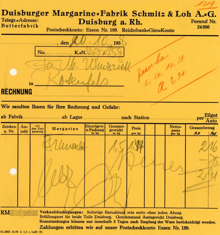 Duisburger Margarine-Fabrik Schmitz&Loh A.G.   - Rechnung - 20.10.1938