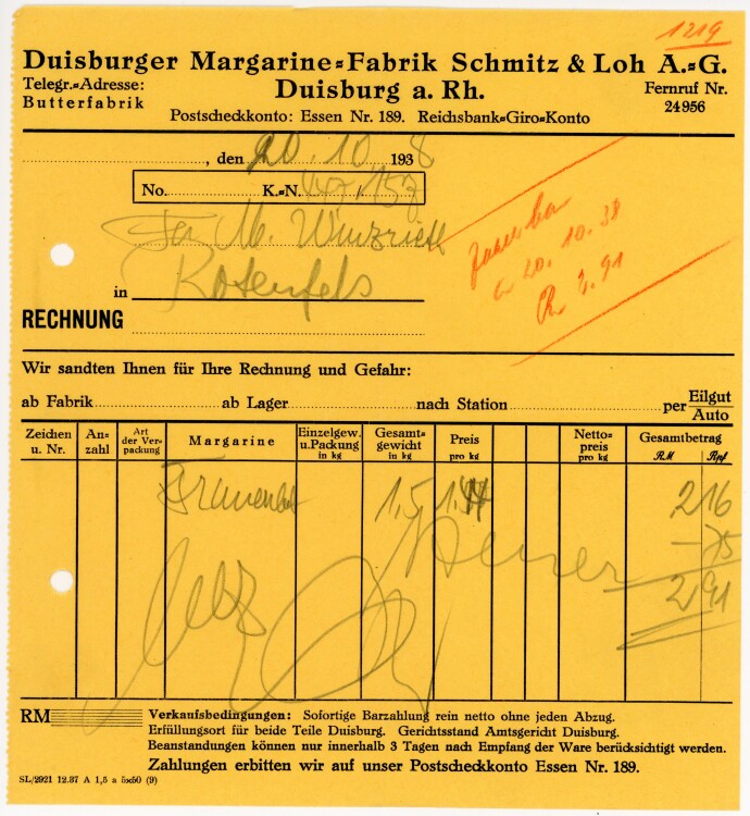 Duisburger Margarine-Fabrik Schmitz&Loh A.G.   - Rechnung - 20.10.1938