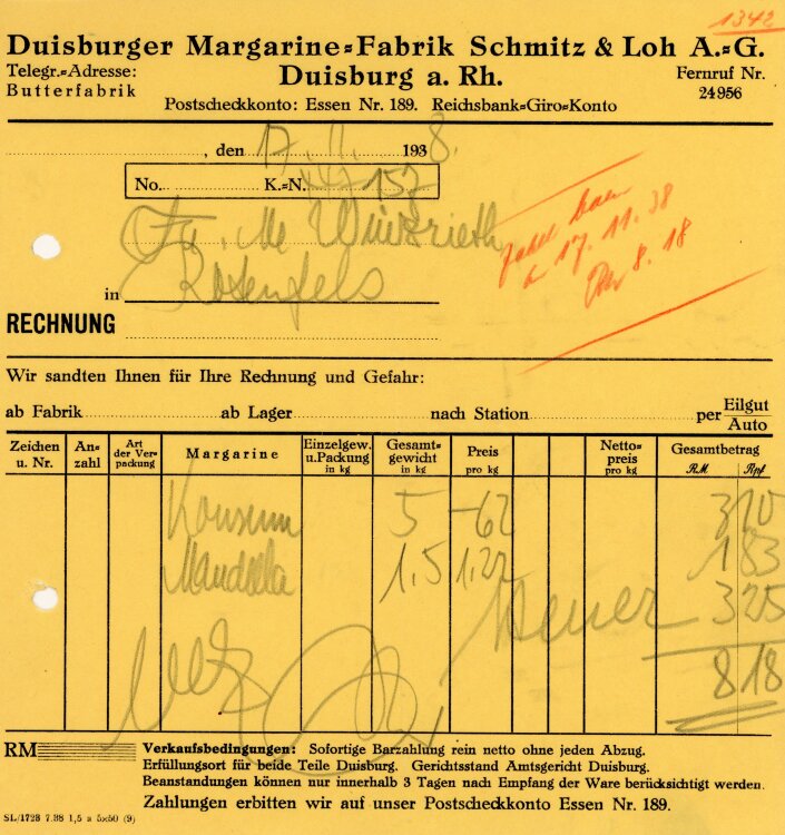 Duisburger Margarine-Fabrik Schmitz&Loh A.G.   - Rechnung  - 17.11.1938