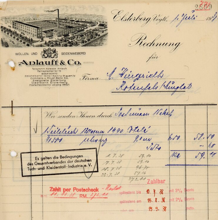 Anlauft &Co Wollen-und Seidenweberei Elsterberg - Rechnung - 1.07.1938