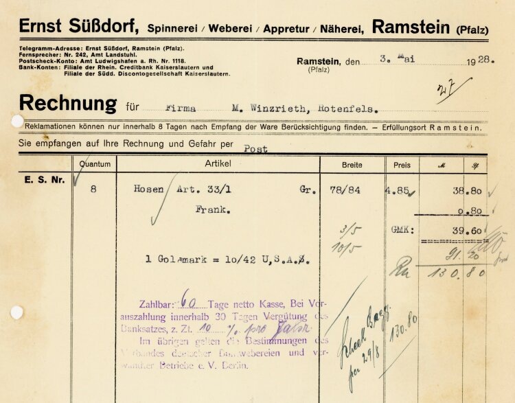 Ernst Süßdorf, Spinnerei, Weberei, Appretur, Näherei, Ramstein (Pfalz)  - Rechnung  - 03.05.1928