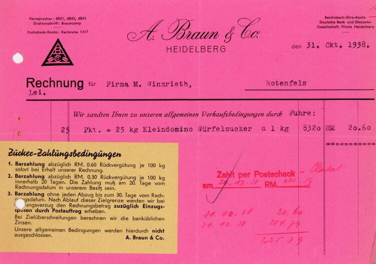 A.Braun &Co Heidelberg - Rechnung  - 31.10.1938