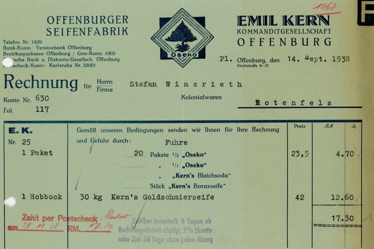 Emil Kern Offenburger Seifenfabrik  - Rechnung  - 14.09.1938