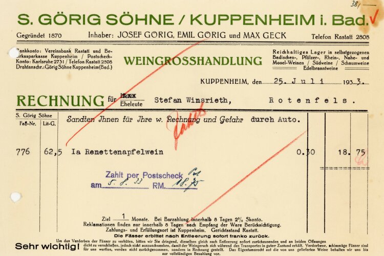 S.Görig Söhne Weingrosshandlung - Rechnung  - 25.07.1933