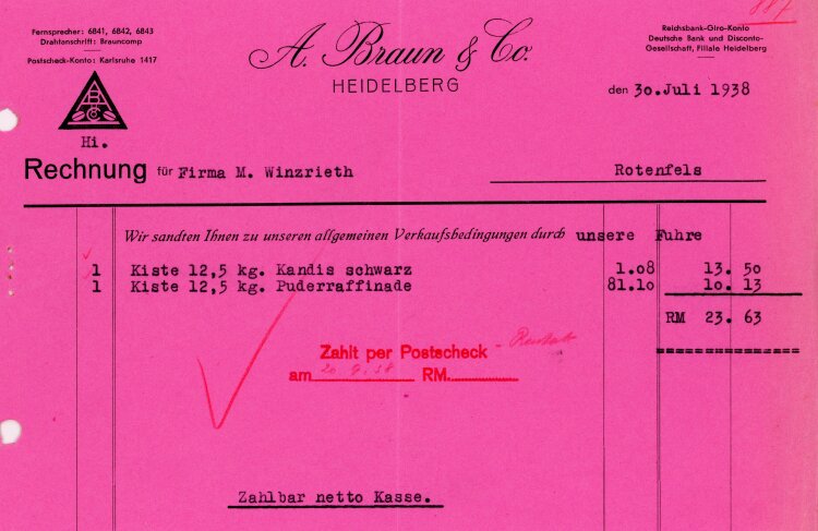 A.Braun &Co Heidelberg  - Rechnung  - 30.07.1938