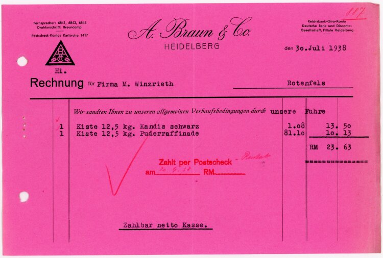 A.Braun &Co Heidelberg  - Rechnung  - 30.07.1938