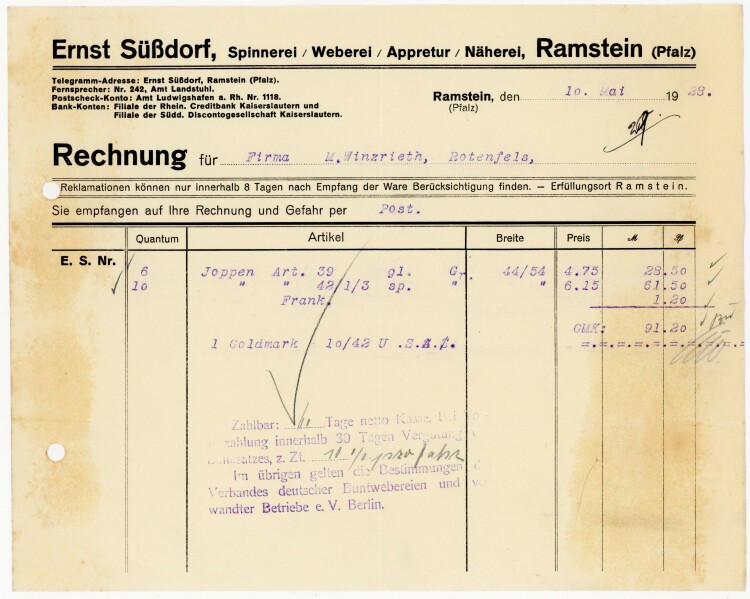 Ernst Süßdorf, Spinnerei, Weberei, Appretur, Näherei, Ramstein (Pfalz)  - Rechnung  - 10.05.1928