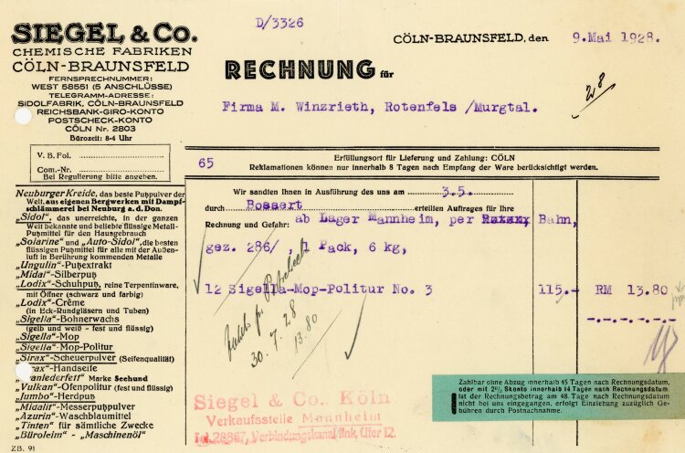 Siegel&Co Chemische Fabriken Cöln-Braunsfeld - Rechnung  - 09.05.1928