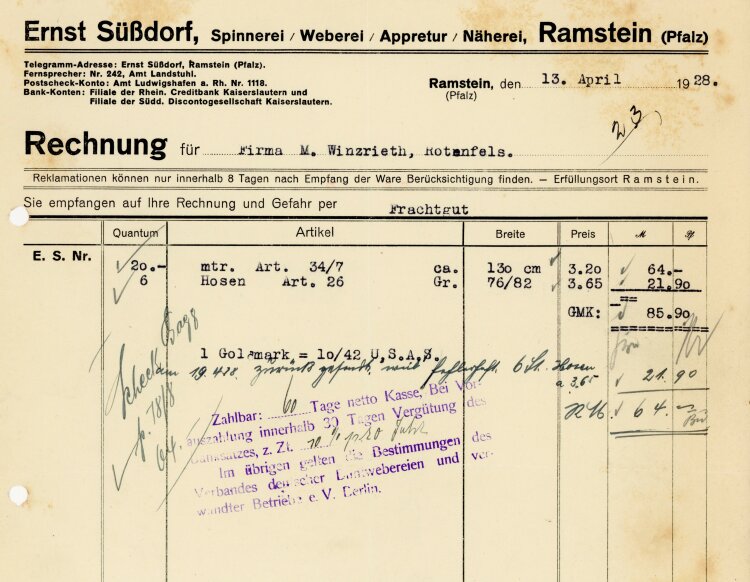 Ernst Süßdorf, Spinnerei, Weberei, Appretur, Näherei, Ramstein (Pfalz)  - Rechnung  - 13.04.1928