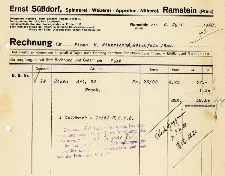 Ernst Süßdorf, Spinnerei, Weberei, Appretur, Näherei, Ramstein (Pfalz)  - Rechnung  - 09.07.1928