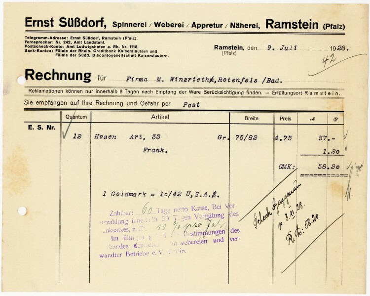 Ernst Süßdorf, Spinnerei, Weberei, Appretur, Näherei, Ramstein (Pfalz)  - Rechnung  - 09.07.1928