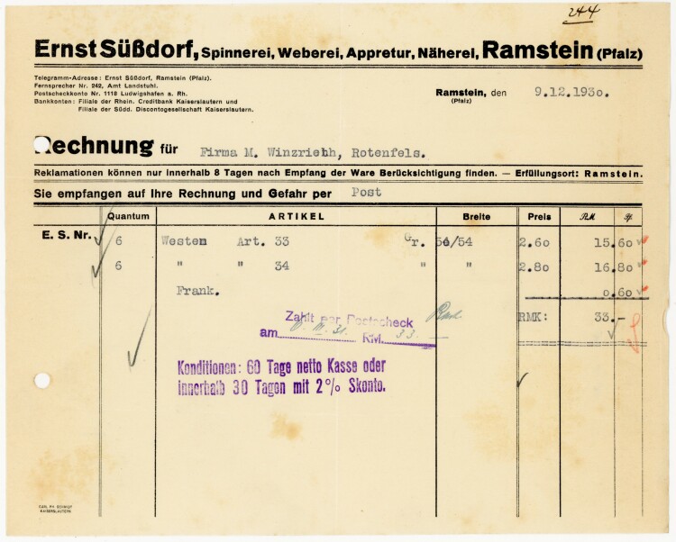 Ernst Süßdorf, Spinnerei, Weberei, Appretur, Näherei, Ramstein (Pfalz)  - Rechnung - 09.12.1930
