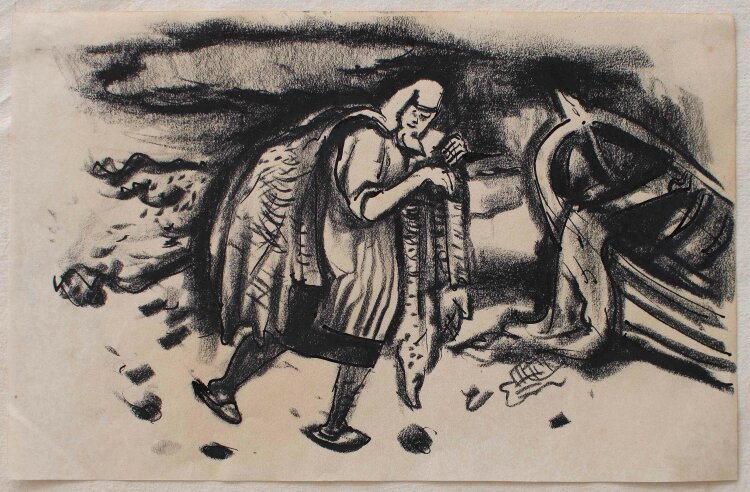 Paul Kuhfuss - Netztragende Fischerfrau - 1934 - Kohlezeichnung