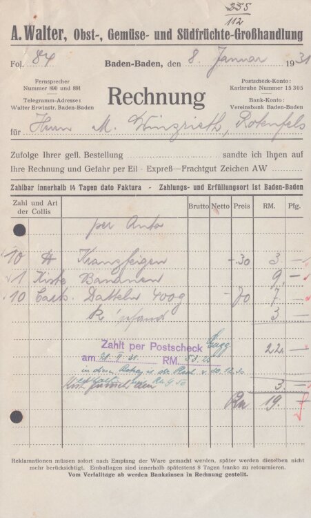 A. Walter, Obst-, Gemüse- und Südfrüchte-Großhandlung - Rechnung - 08.01.1931