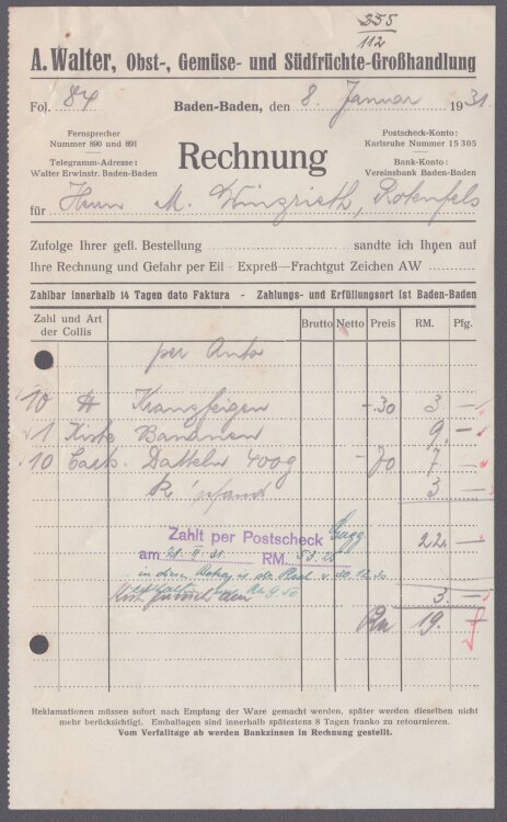 A. Walter, Obst-, Gemüse- und Südfrüchte-Großhandlung - Rechnung - 08.01.1931