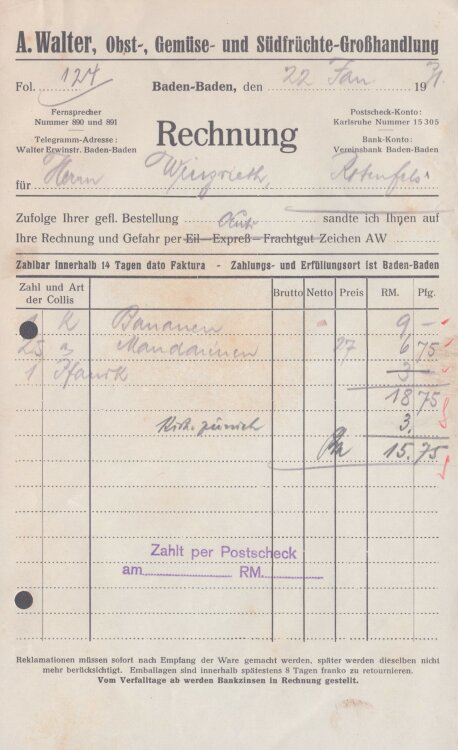 A. Walter, Obst-, Gemüse- und Südfrüchte-Großhandlung - Rechnung - 22.01.1931