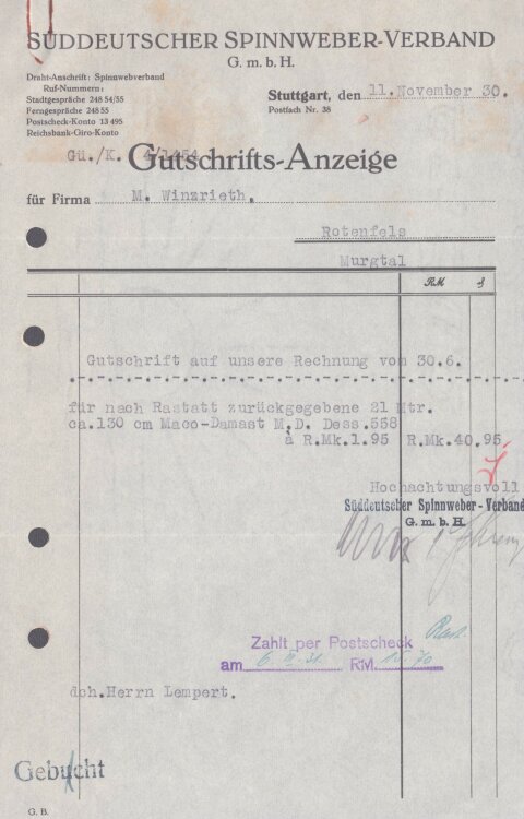 Süddeutscher Spinnweber-Verband - Rechnung - 11.11.1930