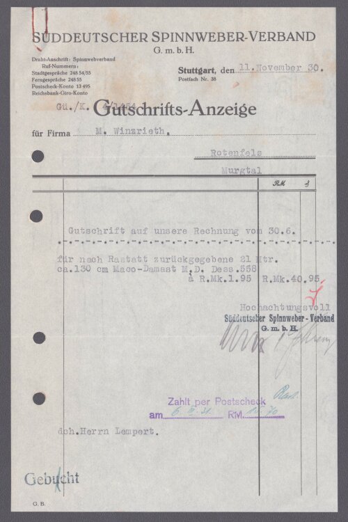 Süddeutscher Spinnweber-Verband - Rechnung - 11.11.1930