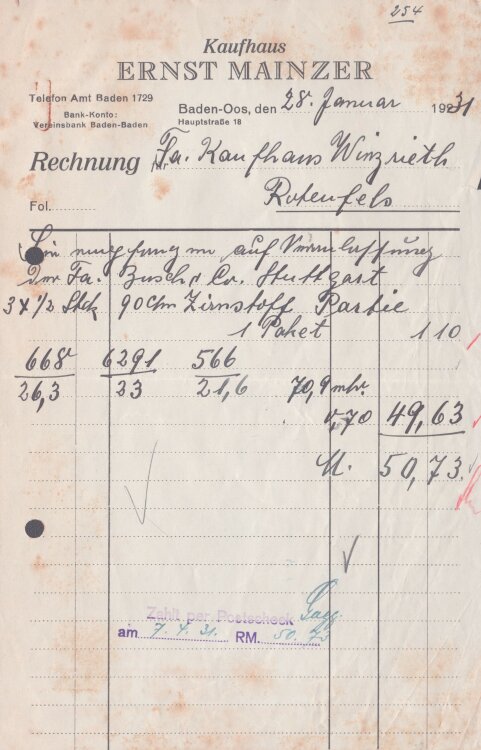 Kaufhaus Ernst Mainzer - Rechnung - 28.01.1931