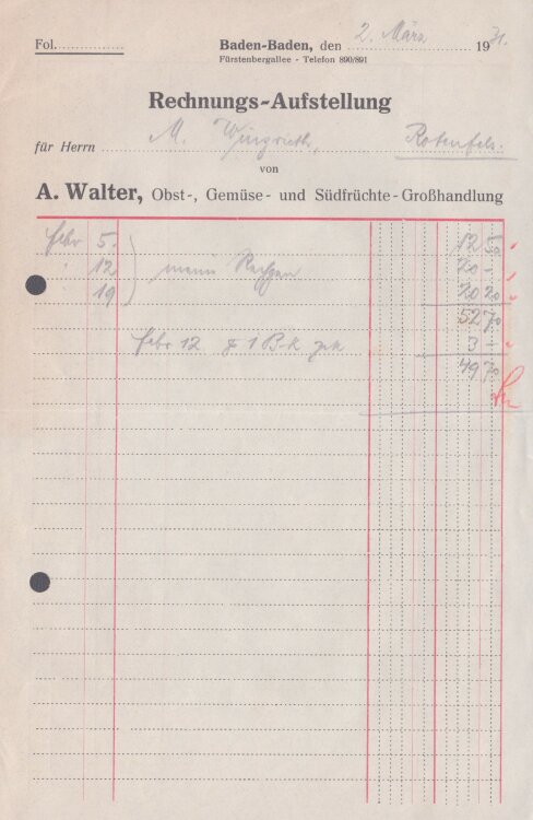 A. Walter, Obst-, Gemüse- und Südfrüchte-Großhandlung - Rechnung - 02.03.1931