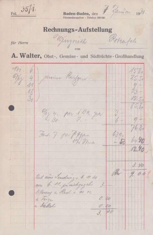 A. Walter, Obst-, Gemüse- und Südfrüchte-Großhandlung - Rechnung - 07.01.1931