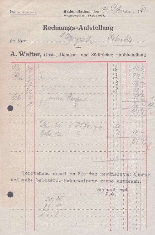 A. Walter, Obst-, Gemüse- und Südfrüchte-Großhandlung - Rechnung - 14.02.1931