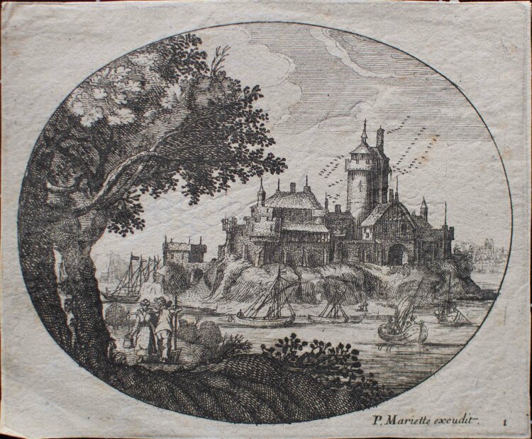 Pierre Mariette II - Landschaft mit Baum und Stadttor - o.J. - Radierung