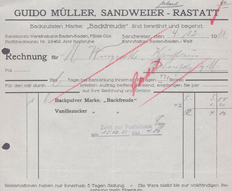 Guido Müller - Rechnung - 4.12.1933