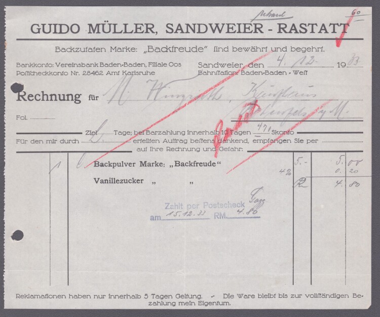 Guido Müller - Rechnung - 4.12.1933