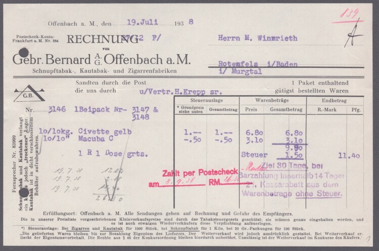 Gebrüder Bernard AG - Rechnung - 19.07.1938