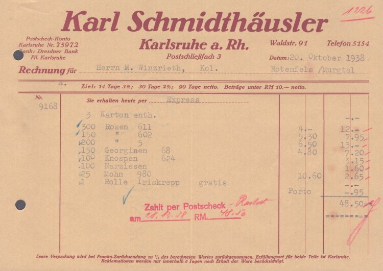 Karl Schmidthäusler - Rechnung - 20.10.1938