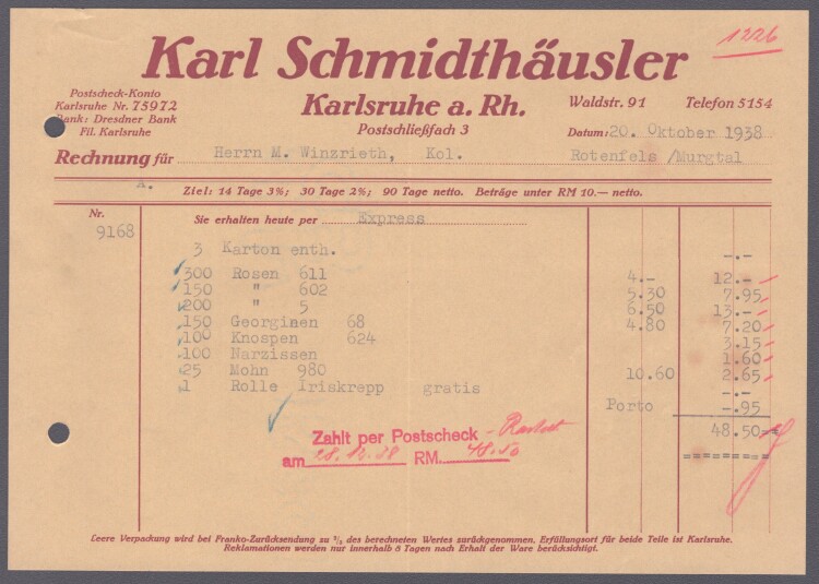 Karl Schmidthäusler - Rechnung - 20.10.1938