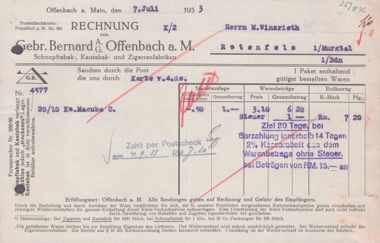 Gebrüder Bernard AG - Rechnung - 07.07.1933