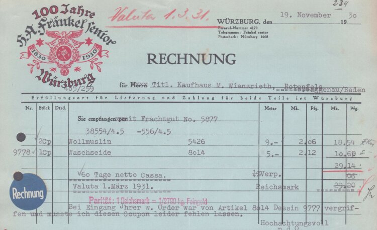 H. A. Fränkel senior - Rechnung - 19.11.1930