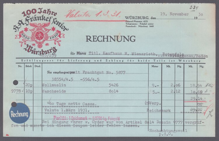H. A. Fränkel senior - Rechnung - 19.11.1930