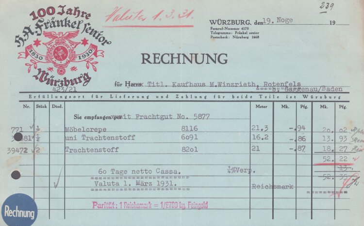 H. A. Fränkel senior - Rechnung - 19.11.1930