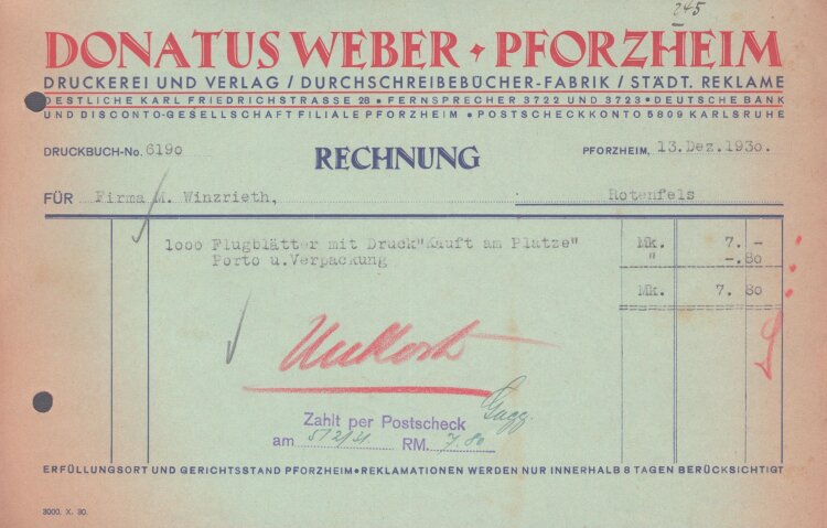 Donatus Weber Druckerei und Verlag - Rechnung - 13.12.1930