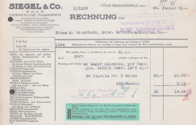 Siegel & Co - Rechnung - 24.01.1931