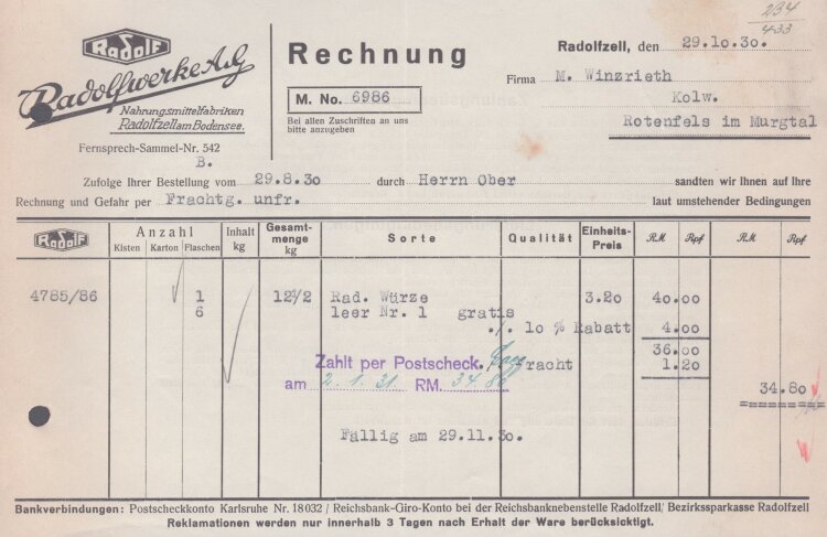 Radolfwerke AG - Rechnung - 29.10.1930