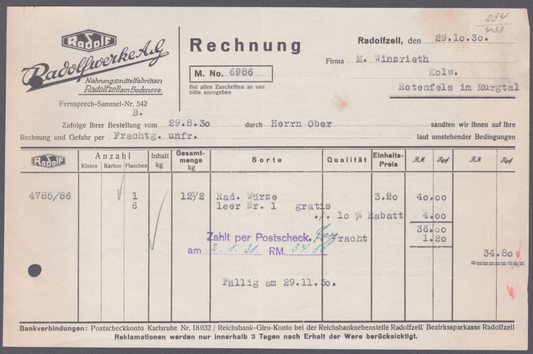 Radolfwerke AG - Rechnung - 29.10.1930