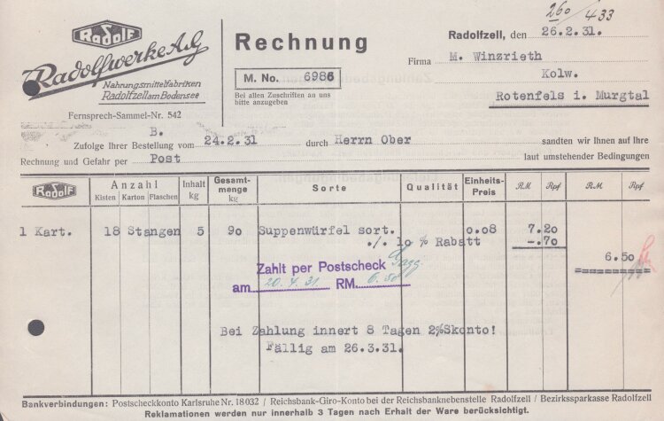 Radolfwerke AG - Rechnung - 26.02.1931